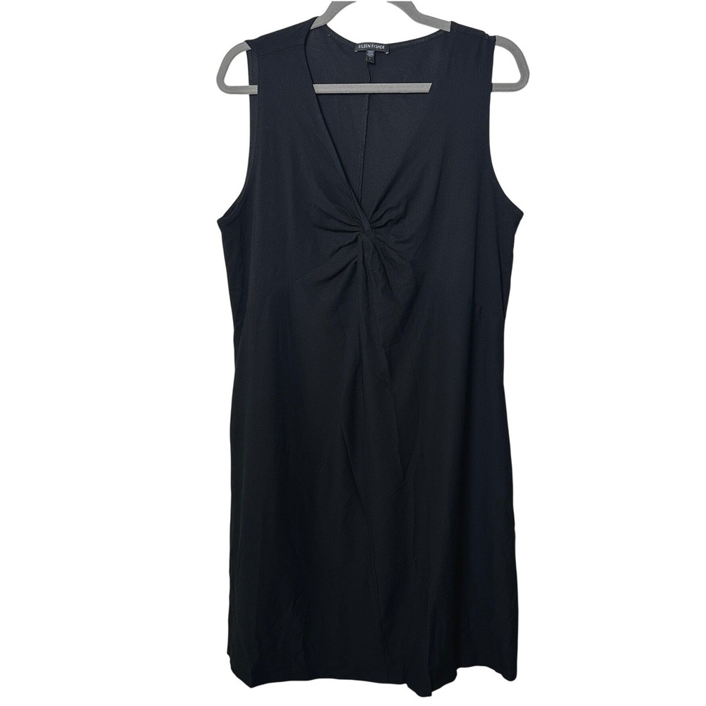 Eileen Fisher Black Sleeveless V Neck Twist‎ Front Dress Womens Large Stretch